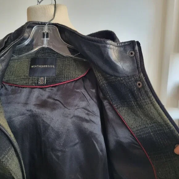 LAST CALL -Weatherproof Green Plaid Vegan Leather Mid Length Coat (Size: L) - Picture 8 of 16